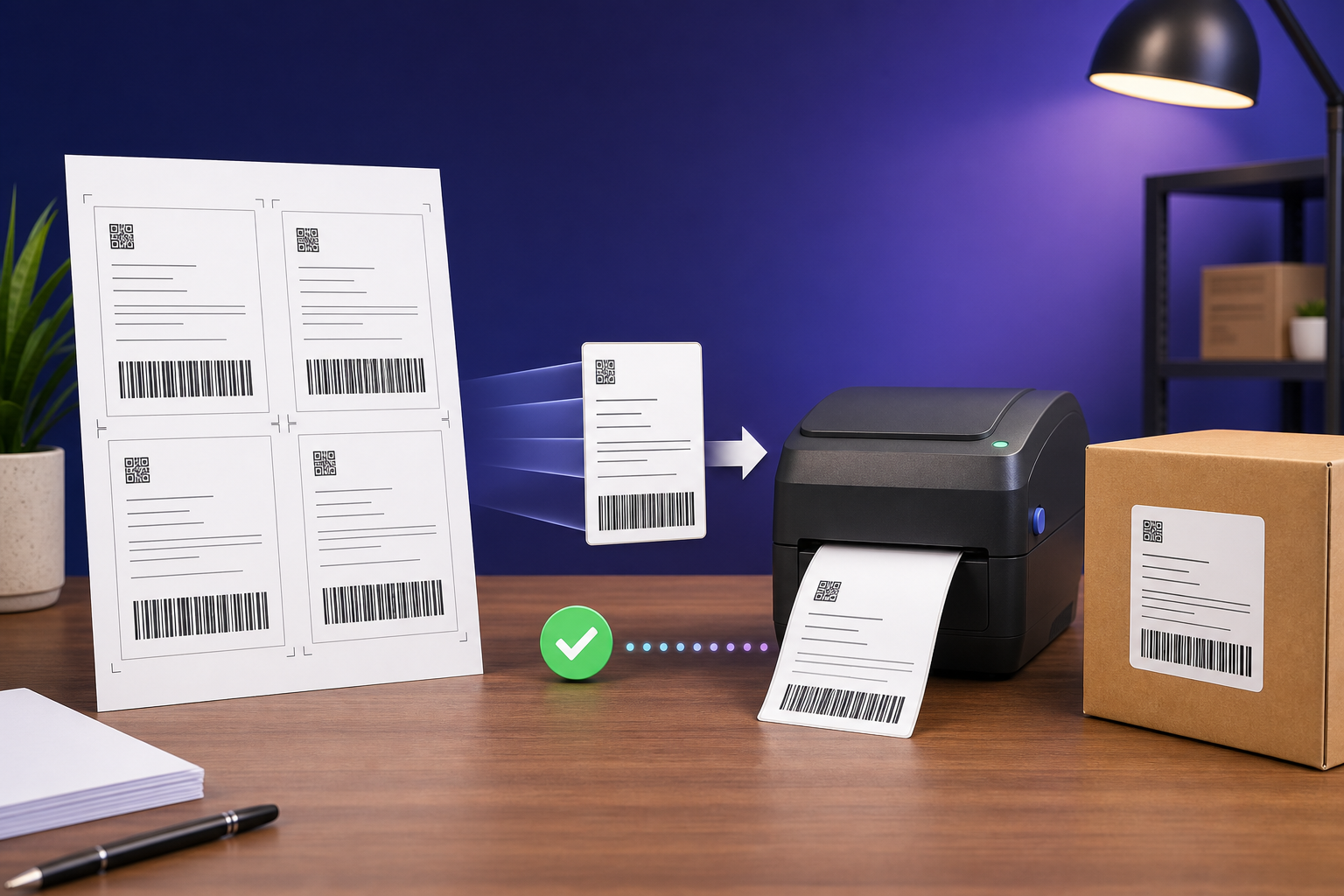 An A4 sheet of shipping labels being converted into a 4x6 thermal label