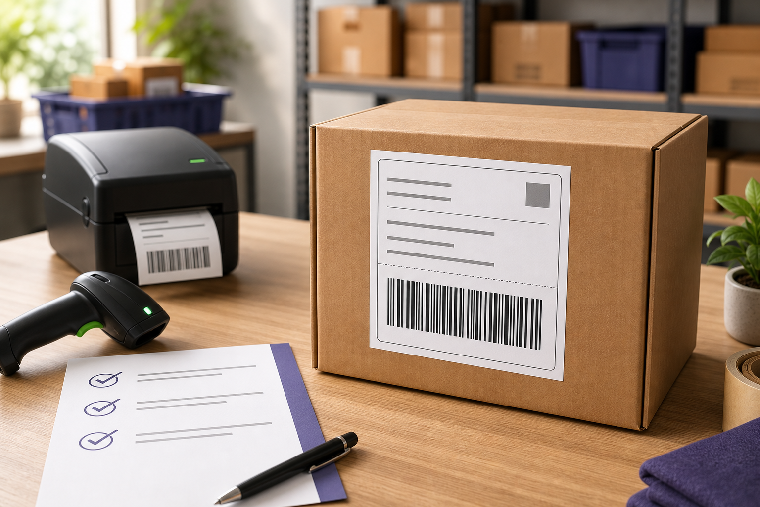 Parcel with a correctly placed shipping label beside a thermal printer, scanner and checklist